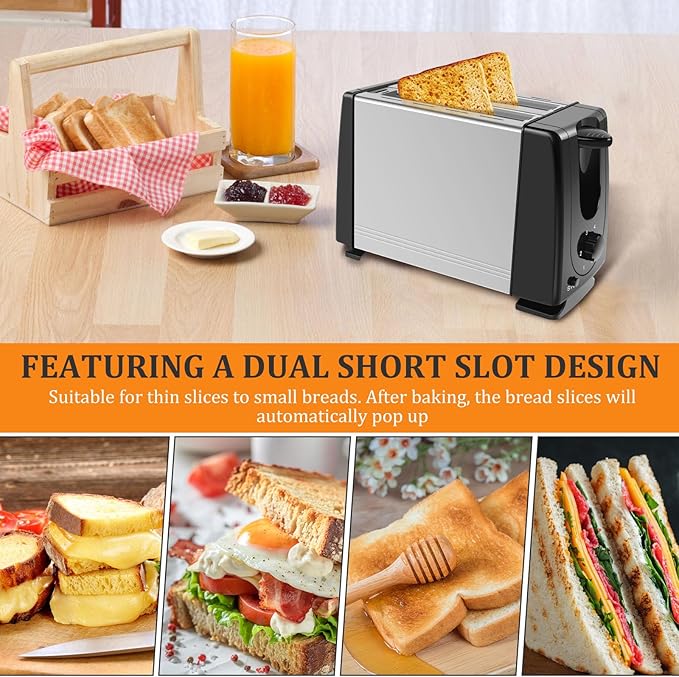 2 Slice Toaster Double Slot Toaster with 6 Settings and Pause Button Variable Browning Controls Toaster Stainless Steel Breakfast Toaster for Thin Bread Slices