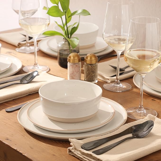Gibson Elite Humphrey Lane 12 Piece (Service for 4) Plates and Bowls Reactive Glaze Dishes Stoneware Ceramic Dinnerware Set - White