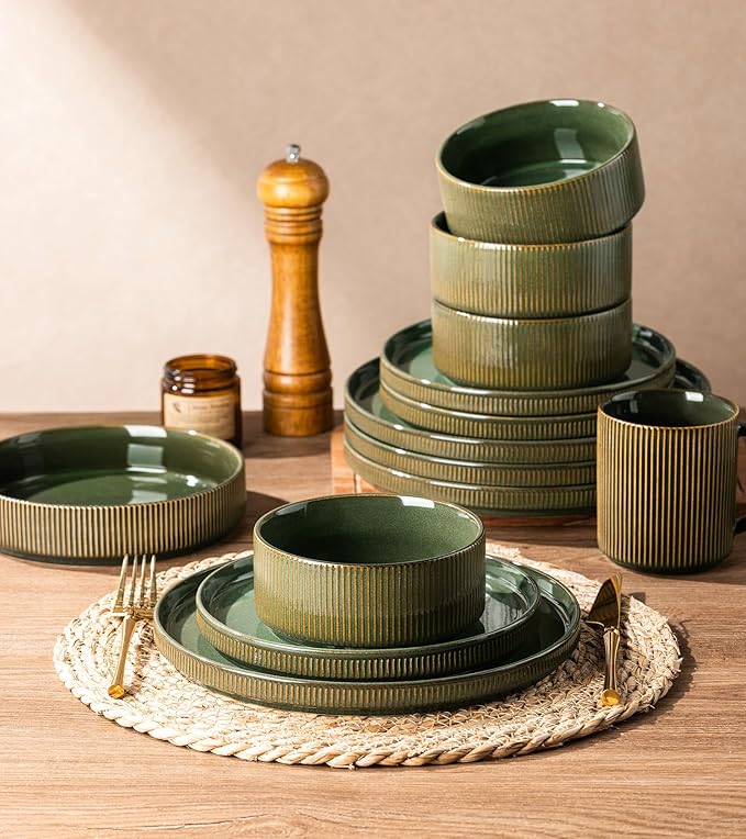GBHOME Stoneware Dinnerware Sets for 4 12 Pieces Ceramic Ribbed Plates and Bowls Set Reactive Glaze Stackable Plate Sets Scratch Resistant Dishes Microwave &amp Dishwasher Safe Sage Green