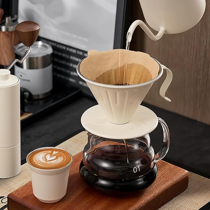 Premium Pour Over Coffee Maker - Professional Extraction Food-Safe Design &amp Easy Clean | Includes 100 Natural Filters | Perfect for Home Office &amp Travel Use by Coffee Enthusiasts (Off white