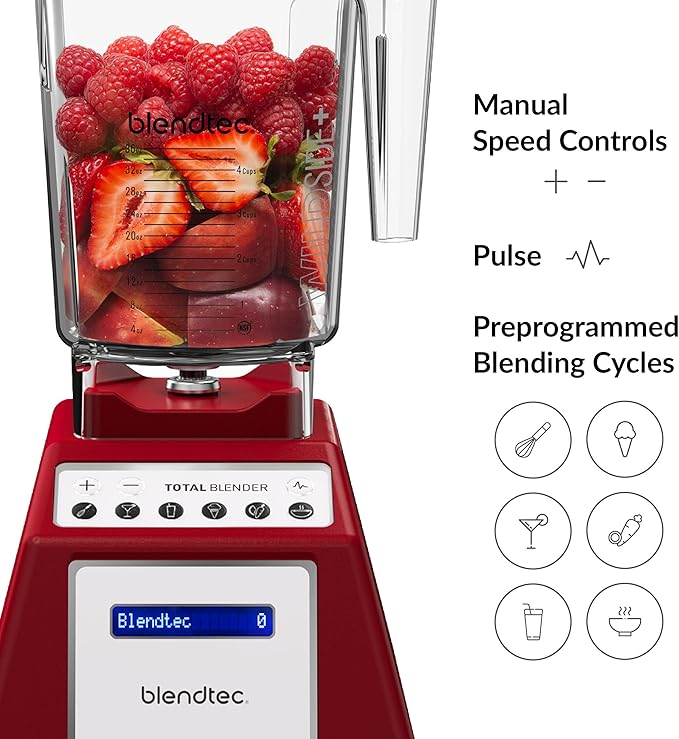Blendtec Total Classic Original Blender 90 oz WildSide+ Jar 24 oz Twister Jar and Spectacula Spatula - Red