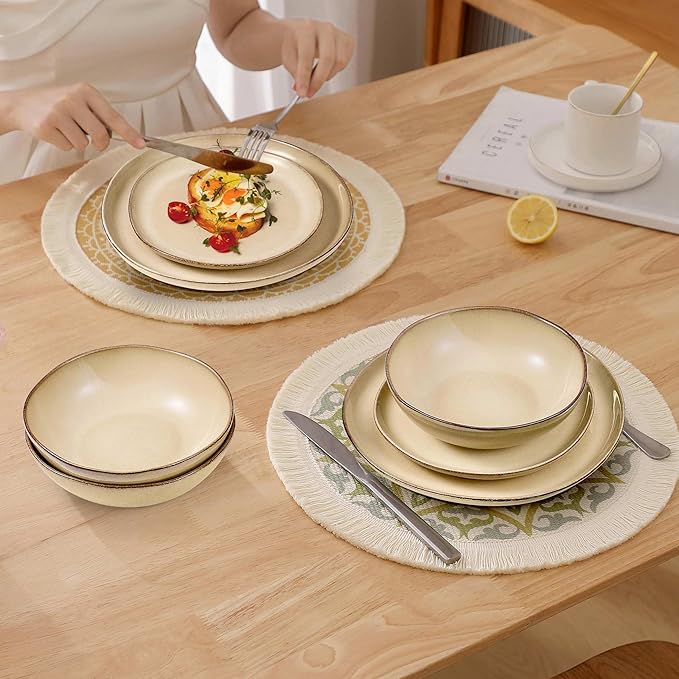 Herogo 12pcs Stoneware Dinnerware Sets for 4 Irregular Handmade Dinner Plates and Bowls Kitchen Dining Dish Dishware Set Microwave &amp Dishwasher Safe Cream Khaki