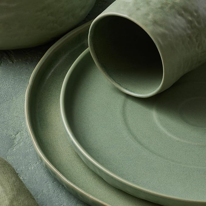 Stone by Mercer Project SHOSAI 16-Piece Stoneware Dinnerware Set Plates and Bowls Set Modern Dishware set fo 4 Sage
