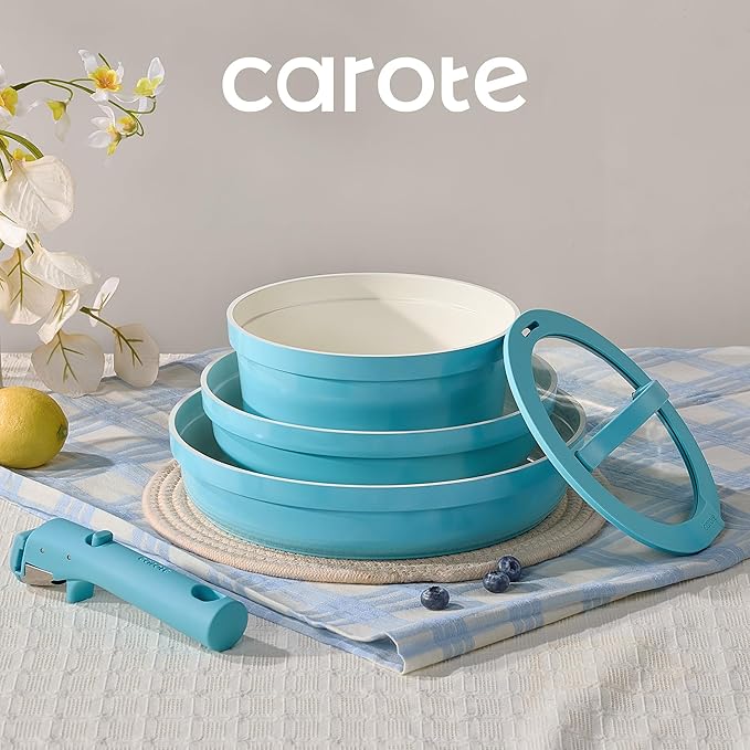 CAROTE 9pcs Pots and Pans SetCeramic Cookware Sets Non Stick with Detachable Handle Induction Kitchen Pots and PansRV Cooking Set Oven/Dishwasher/Fridge Safe Space Saving