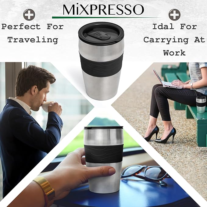 Mixpresso Black Personal Single Serve Coffee Maker with 14oz Travel Mug Drip Small Coffee Maker with Auto Shut Off Reusable Filter Works with Ground Coffee Only – Not for K-Cup Pods