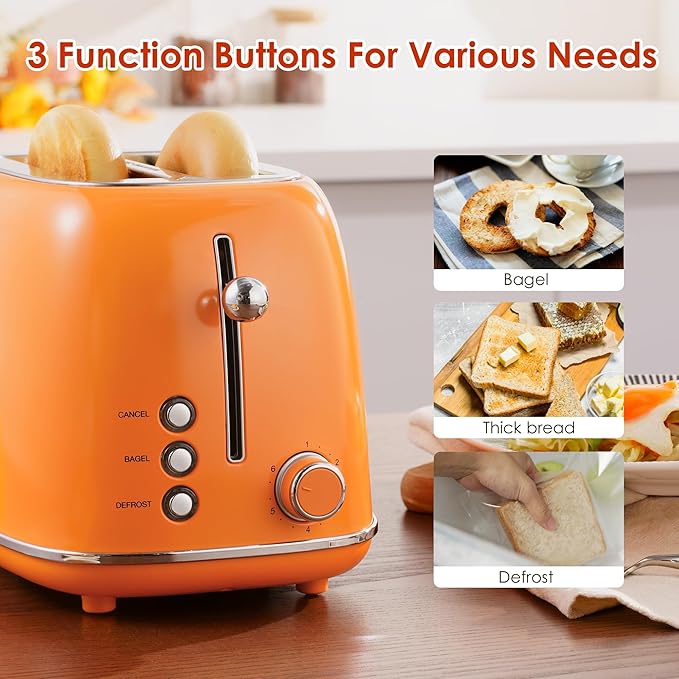 Roter Mond 2 Slice Toaster Retro Stainless Steel with Bagel Cancel and Defrost Functions 6 Bread Shade Settings Extra Wide Slots and Removable Crumb Tray Orange