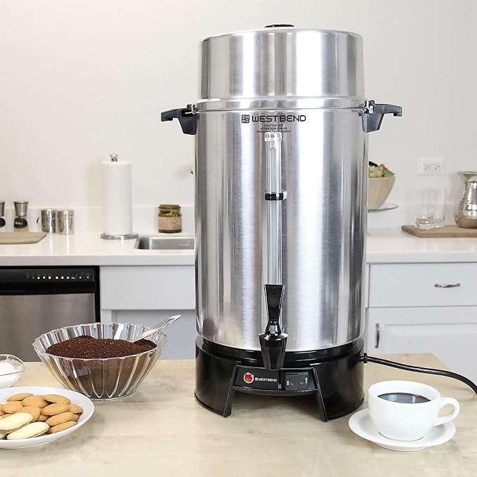 West Bend 33600 Coffee Urn Commercial Highly-Polished Aluminum NSF Approved Features Automatic Temperature Control Large Capacity with Fast Brewing and Easy Clean Up 100-Cup Silver