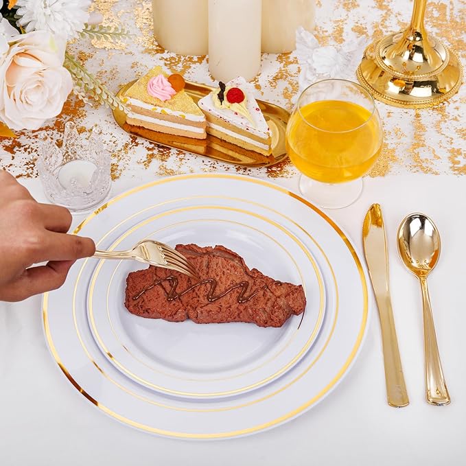I00000 60 Pieces Gold Plastic Plates Heavy Duty White and Gold Plastic Plates for 30 Guests Include: 30 Gold Rim Dinner Plates and 30 Gold Dessert Plates Perfect for Wedding &amp Party