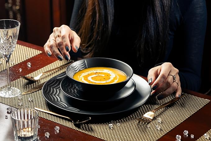 Nomnu Spiderweb Dinnerware Set (12 Pieces) - 4 Dinner Plates 4 Salad Plates 4 Bowls - Black Matte Porcelain Goth Dinnerware Set - Halloween Spooky Creepy Dishes Gothic Gifts