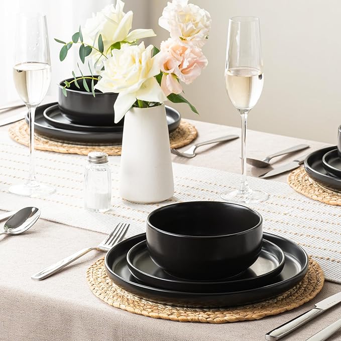 EWFEN Plates and Bowls Sets 12 Pieces Ceramic Dinnerware Set for 4 Stoneware Dishware Dishes Set Scratch Resistant Dishes Set Dishwasher &amp Microwave Safe Black
