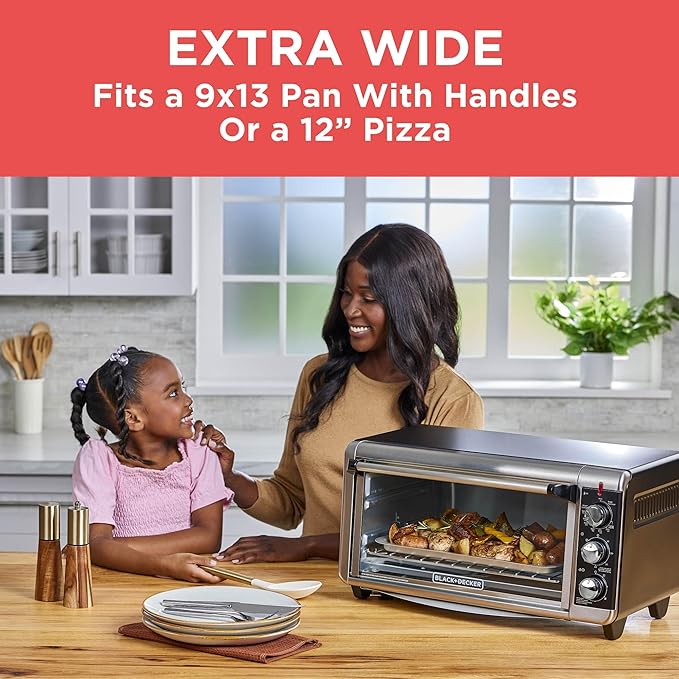 BLACK+DECKER TO3250XSBD 8-Slice Extra Wide Convection Countertop Toaster Oven Includes Bake Pan Broil Rack &amp Toasting Rack Stainless Steel/Black