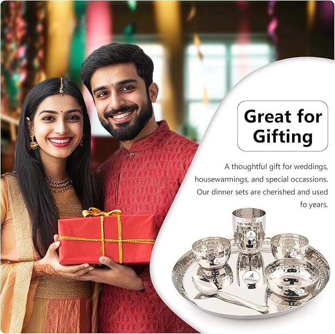 Hammered Dinner Set | Premium Saffron Thali Set | High Grade Steel Buffet Set Combo (24Pcs (4 Set Big))