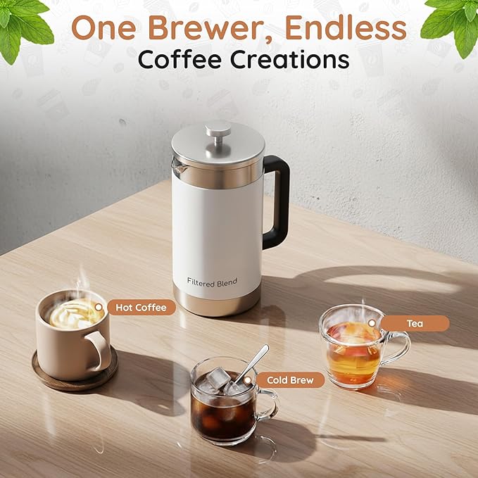 1.6L French Press Coffee Maker 54oz Large Capacity French Press Stainless Steel Brewer with Double Filter Mesh for Kitchen Travel Camping Hot &amp Cold Brew Coffee Maker Gifts (White)