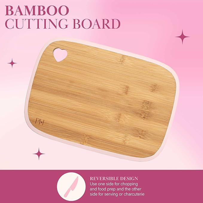 Paris Hilton Reversible Bamboo Cutting Board and Cutlery Set with Matching High Carbon Stainless Steel Knives Blade Guards Sleek Yet Comfortable Handle Grips 7-Piece Set Gold Pink