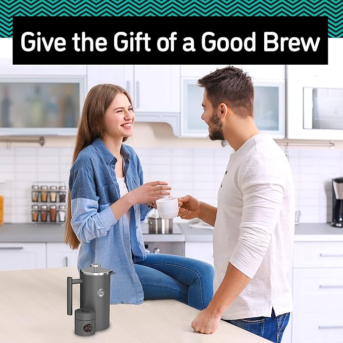 Coffee Gator 304 Grade Stainless Steel French Press Coffee Maker 34 oz Double Wall Insulated Teapot with 4-Level Filtration System Include Travel Jar Canister Rust-Free Dishwasher Safe Silver