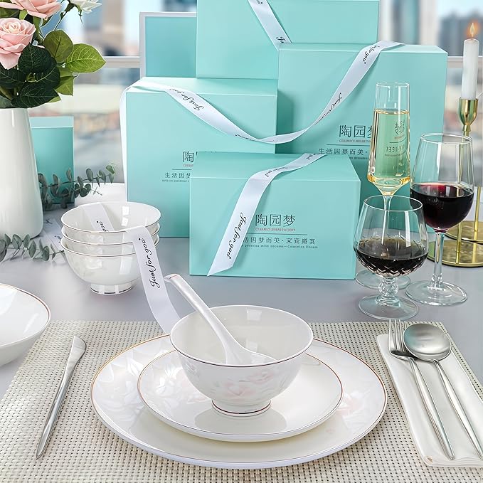 Fine Bone China Dinnerware SetPorcelain&ampCeramic Dinnerware SetsBone Stoneware&ampCeramic Cookware Tableware Set Includes Dinner Plates|Spoons|Pasta Bowls|Soup Pot|Chopsticks (48PCS * 6-Person S