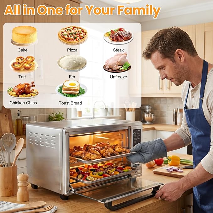 NEWBULIG 30QT Air Fryer Toaster Oven 13-in-1 Multi-Function Smart Airfryer Large Countertop Air Fryer Oven 0-450°F Heating Control 120 Min Timer Chrome Fry Basket Interior Light