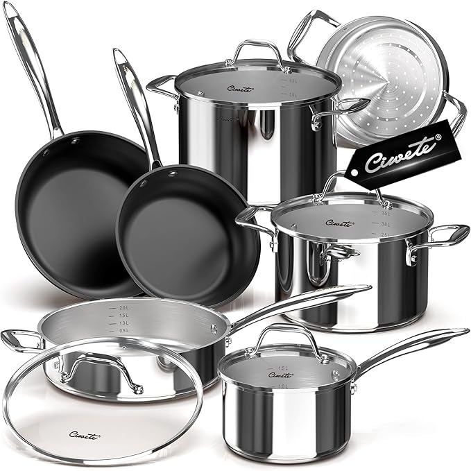 Tri-Ply Stainless Steel Pots and Pans Set 11-PC &amp 2 Quart Sauce Pan with Lid
