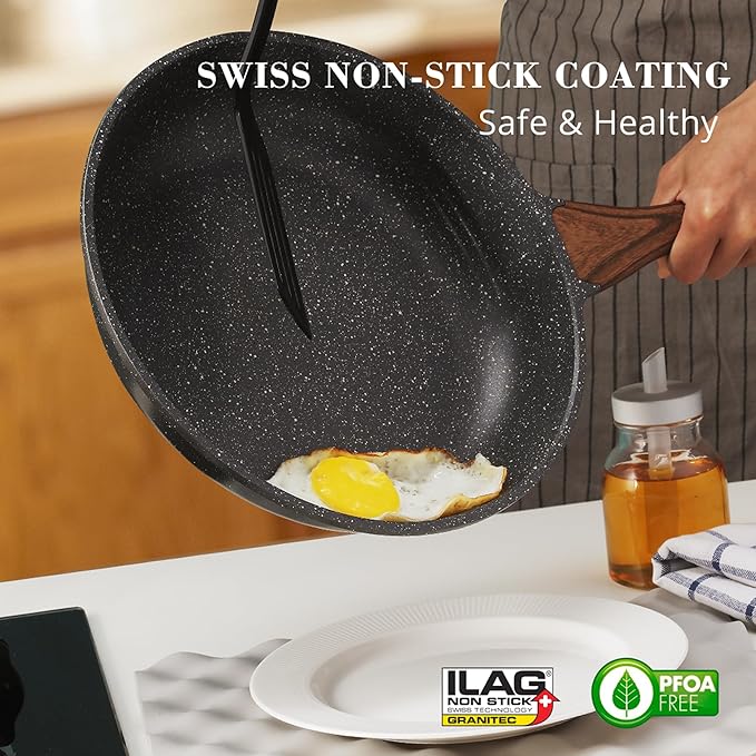SENSARTE Nonstick Cookware Set Swiss Granite Coating Omelette Pan Set 9.5+11+12.5 Inch Saucepan with Lid Set 1.5QT + 2.5QT Induction Compatible PFOA Free
