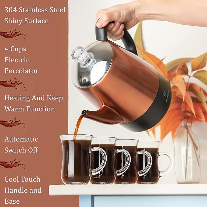 Mixpresso 4 Cup Percolator Coffee Pot Electric Copper Stainless Steel Coffee Percolator Electric With Keep Warm Function Classic Perculator Pot With Removable Basket for Home or Office
