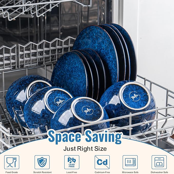 Plates and Bowls Sets 12 Pieces Dark Blue Dinnerware Sets for Kitchen Reactive Glaze Dishes Set for 4 Dishwasher and Microwave Safe Series Starflecked Shore(Dark Blue)