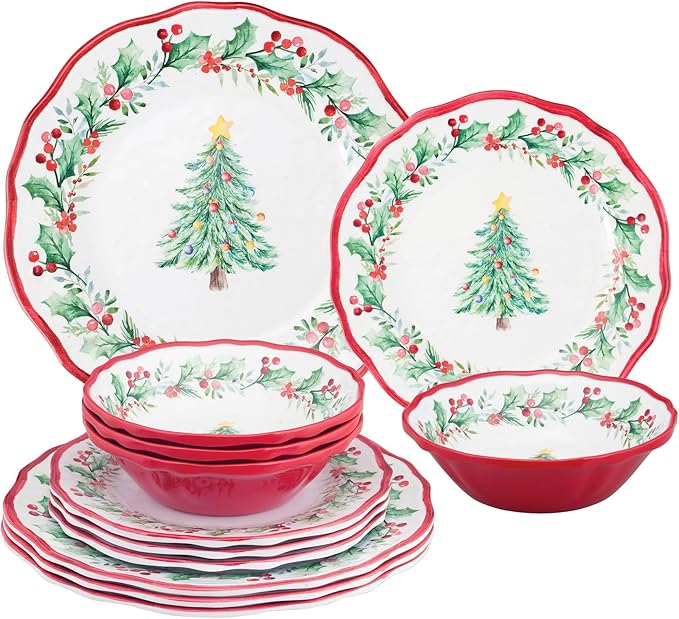UPware 12 Piece Christmas Tree Melamine Dinnerware Sets Outdoor Dishes Set Plates and Bowls Sets Christmas Decorations Service for 4 Red
