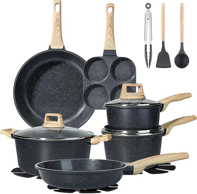 GiPP Ceramic Pots and Pans Set Non Stick - 17 Pcs Nonstick Cookware Set Non-toxic Healthy Kitchen Cooking Set w/Frying Pans Set Dishwasher Safe PFAS PTFE PFOA PFOS Free Dark Gray