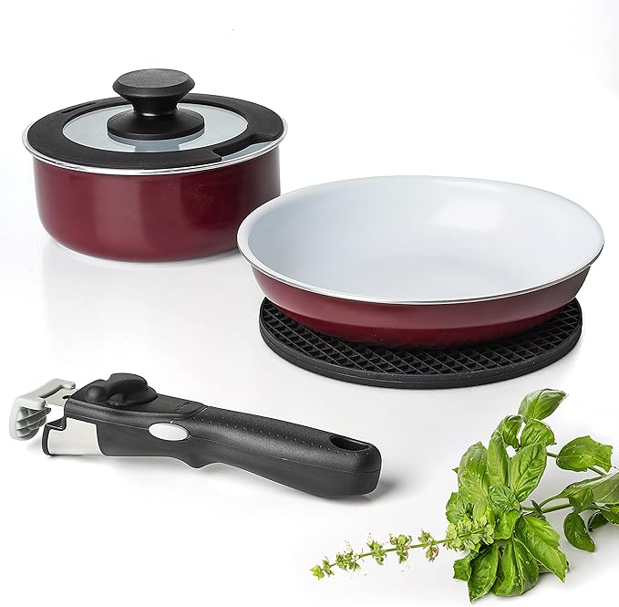Moss &amp Stone Aluminum Pots And Pans Set Nonstick Removable Handle Cookware Stackable Pots And Pans Set Dishwasher safe Induction Pots And Pans Camping Cookware Set (5 Pcs Burgandy)