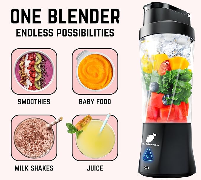 TORPEDO Portable Blender (Black) Cordless 24oz. Vessel Personal Blender for Shakes &amp Smoothies BPA Free Leakproof Sip Lid &amp Self Cleaning - Travel with 6 Sharp Blade USB - C Metal Cable