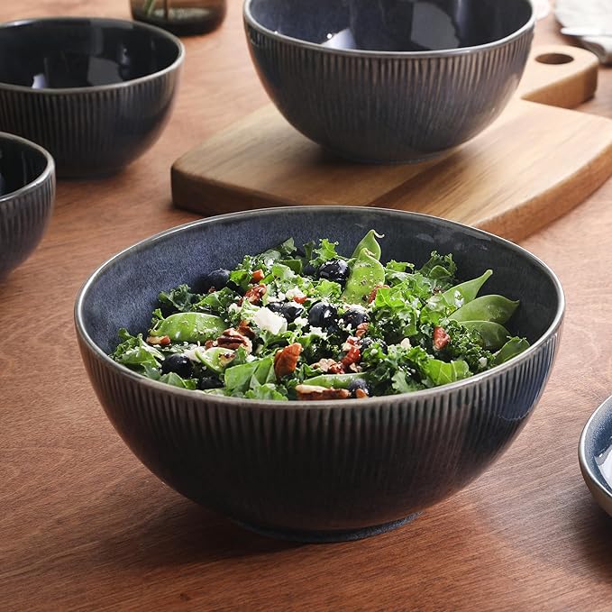 Gibson Elite Sandy Pines 4 Piece Nesting Bowl Set 4” 5.5” 7” &amp 9” Round Stoneware Bowls Reactive Glaze Finish Blue Mixing Prep &amp Serving Bowls Microwave &amp Dishwasher Safe