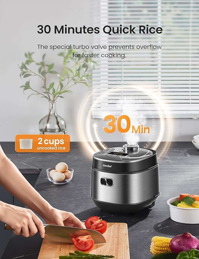 COMFEE' Compact Rice Cooker 8 Cups Cooked/4 Cups Uncooked 9-in-1 Multi Cooker Fast Rice Maker Steam Brown Rice Grains Fuzzy Logic Technology Grey