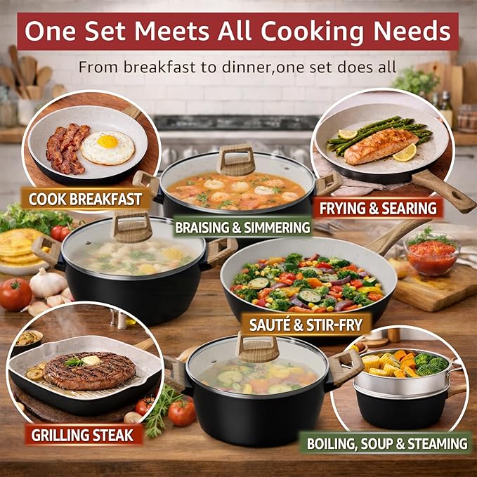 24Pcs Pots and Pans Set Non StickCeramic Cookware Set with Titanium-Reinforced Nonstick CoatingLong-LastingPFAS-FreeInduction CompatibleFull Kitchen Set with 3 Stock Pots for Family CookingBlack