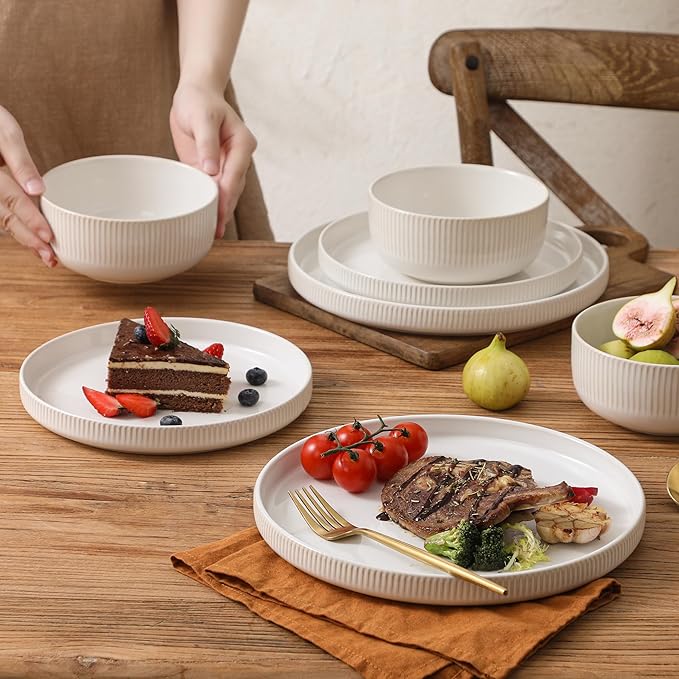 Dinnerware Sets 12 Pieces Stoneware Plates and Bowls Set Reactive Glaze Ceramic Dishes Set Scratch Resistant Kitchen Dinner Set Dishwasher &amp Microwave Safe Service for 4