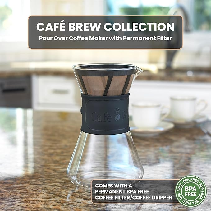 CAFE BREW COLLECTION Pour Over Coffee Maker with Permanent Filter 1.2 Liter 40 Ounce Black Band