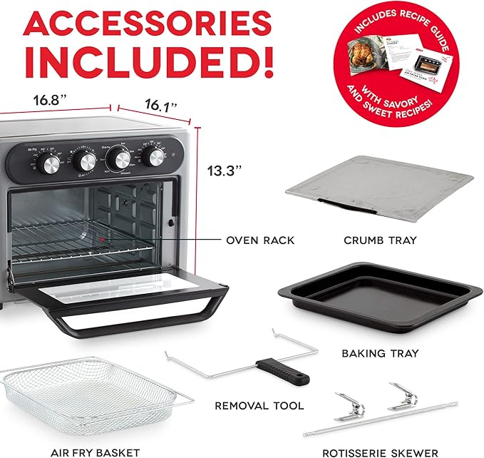 Dash Chef Series 7 in 1 Convection Toaster Oven Cooker Rotisserie + Electric Air Fryer with Non-stick Fry Basket Baking Pan &amp Rack Skewers Drip Tray &amp Recipe Book 23L Graphite