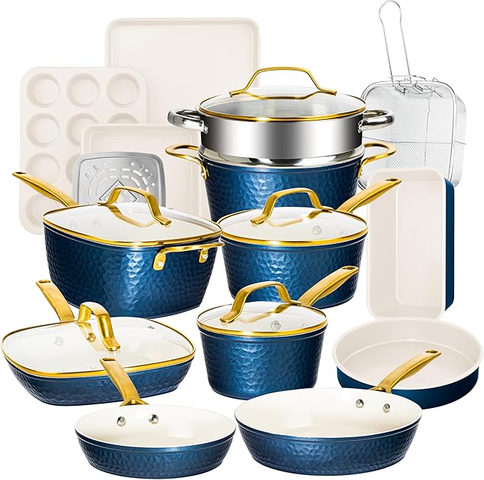 Gotham Steel Hammered 20Pcs Ceramic Cookware Set Induction Pots and Pans Set Non Stick with Deep Fry Pan Steamer &amp Bakeware Non Toxic PFOA PFOS Free Oven &amp Dishwasher Safe