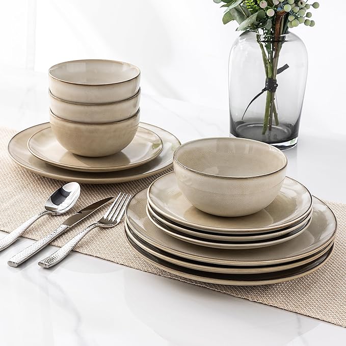 AmorArc Ceramic Dinnerware Sets for 4 12 Pieces Handpainted Plates and Bowls Set with Reactive Glaze Scratch Resistant Stoneware Dishes Set Dishwasher &amp Microwave Safe (16pc)