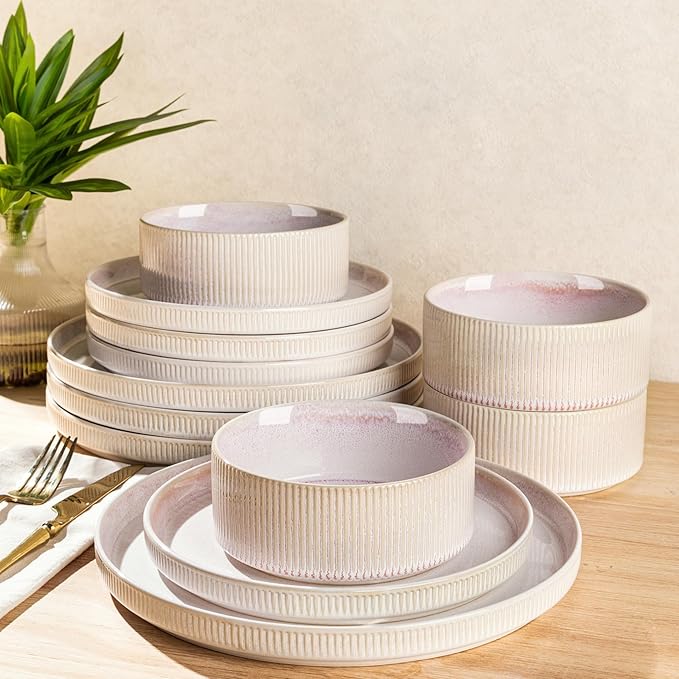 TheTerra Ceramic Dinnerware Sets for 4 12 Pieces Porcelain Lightweight Plates and Bowls Sets Scratch Resistant Dish Set Oven &amp Microwave &amp Dishwasher Safe Primrose Pink