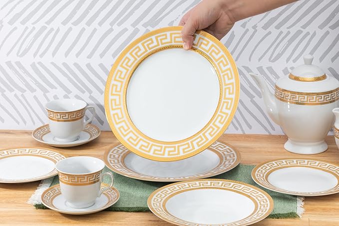 Porcelain Dinnerware Set for 8 - Luxurious 49 Piece Dish Set - White and Gold Greek Key Design - Dinner Plates Bowls Cups and Saucers for Everyday Dishes or Formal Occasions (Meander Gold 2049)
