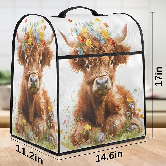 Kitchen Aid Mixer Cover Florals Highland Flower Cow Stand Mixer Cover Compatible with 6-8 Quarts Stand Mixers Dust Covers with Zipper Pocket Foldable Washable Kitchen Aid Organizer Bag