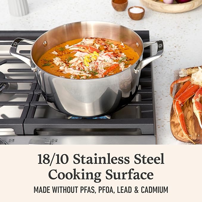 Calphalon Premier Polished 5-Ply Stainless Steel Cookware w/Turbo Heat Tech 6Qt Stock Pot with Lid Induction Oven Safe 500F PFOA Free Polished Stainless Silver