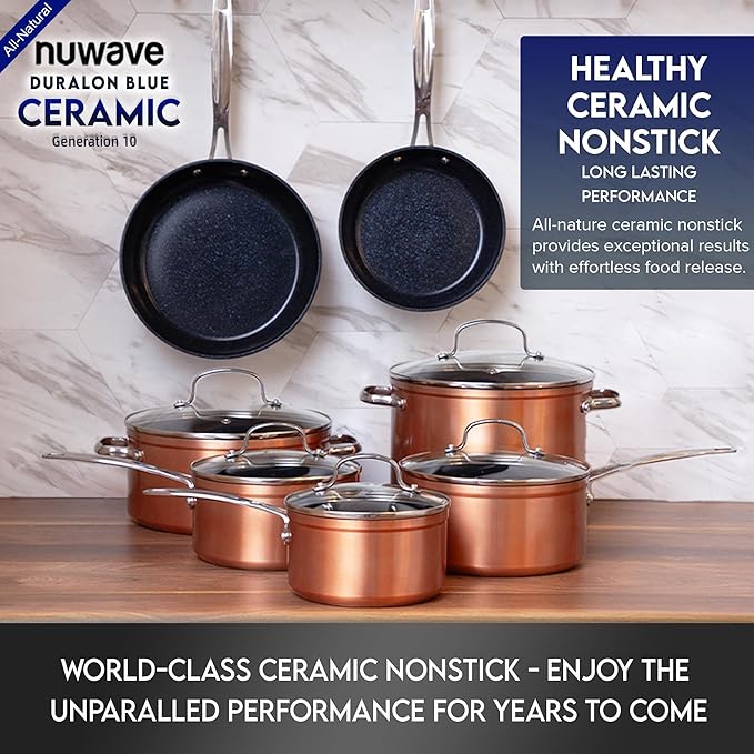 Nuwave Healthy Duralon Blue Ceramic Nonstick Cookware Set Diamond Infused Scratch-Resistant PFAS Free Dishwasher &amp Oven Safe Induction Ready &amp Evenly HeatsTempered Glass Lids &amp Stay-C