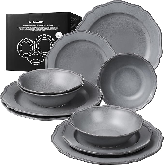 Navaris Scandi Style Porcelain Dinnerware Set - Ceramic Crockery Sets for 4 - Stackable Dishes with Dinner and Salad Plates Cereal Bowls - Dishwasher &amp Microwave Safe - 12pcs Grey