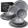 Navaris Scandi Style Porcelain Dinnerware Set - Ceramic Crockery Sets for 4 - Stackable Dishes with Dinner and Salad Plates Cereal Bowls - Dishwasher &amp Microwave Safe - 12pcs Grey