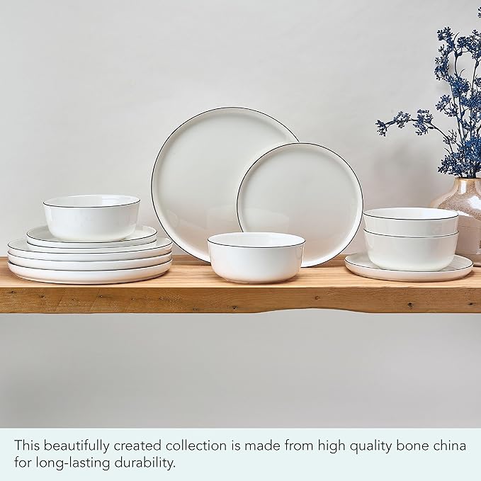 Mikasa Samantha 12 Piece Bone China Dinnerware Plate and Bowl Set Service for 4 Black Banded Rim Chip-Resistant Lightweight Durable White