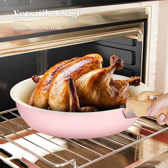 ShanSon 6 Pieces Kitchen Non-Stick Cookware Sets with Removable Handle Stackable Pots and Pans Set Nonstick for Induction Gas RVs Camping Space SavingPink