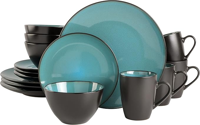 Gibson Elite Soho Lounge 16-Piece Round Reactive Glaze Stoneware Dinnerware Set Service for 4 – Teal Plates and Bowls