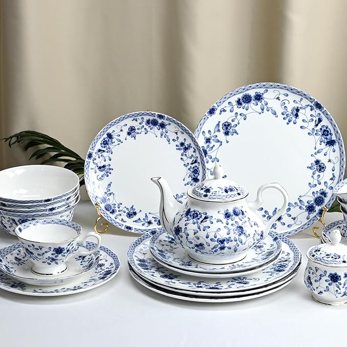 Fine Bone China Dinnerware Set for 4 12-Piece Blue and White Porcelain Dinnerware Set Bone China Serving Trays