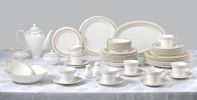 Lorren Home Trends Bone China Dinnerware Set White with Gold Design Border Formal Dining Collection Service for 8 57 Piece