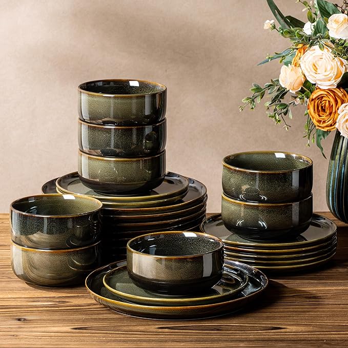 TheTerra Ceramic Dinnerware Sets for 8 24 Pieces Handmade Reactive Glaze Plates and Bowls Set Scratch Resistant Dish Set Oven &amp Microwave &amp Dishwasher Safe Olive Green